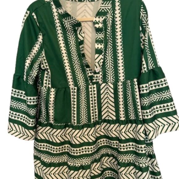 Bohemian Green Flowy V-Neck Dress with Bell Sleeves - Picture 1 of 4